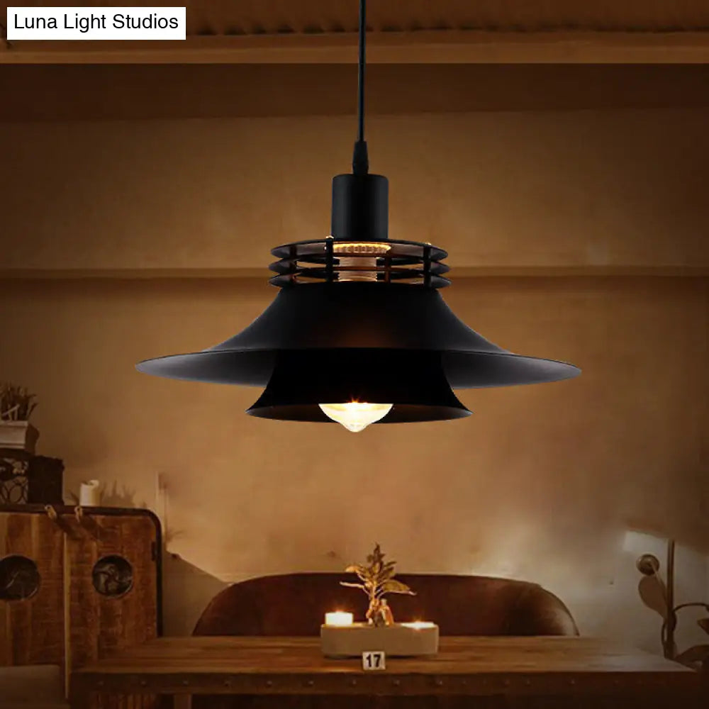 Restaurant Ceiling Light: Wide Flare Pendant Countryside Black Iron | 2-Layer 1 Bulb 12.5’/14’