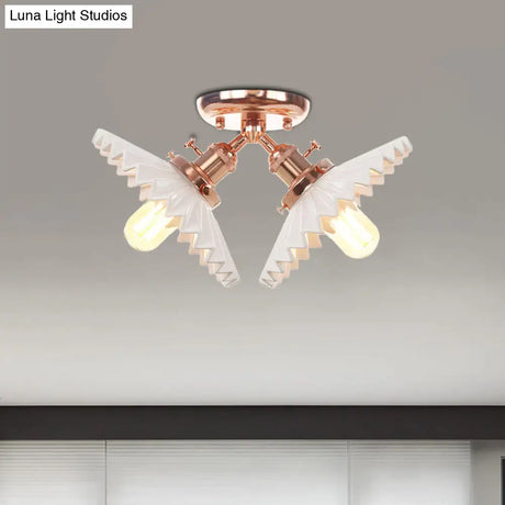 Restaurant Ceiling Light With Scalloped Milk Glass Shade In Black/Bronze Semi-Flush Mount