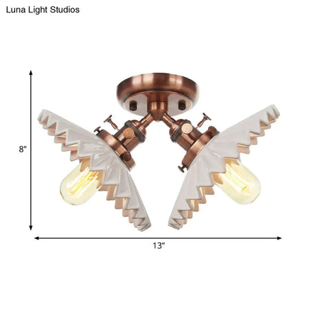 Restaurant Ceiling Light With Scalloped Milk Glass Shade In Black/Bronze Semi-Flush Mount
