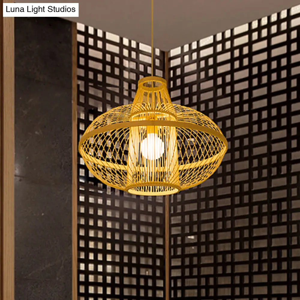 Restaurant Pendant Lamp With Bamboo Shade - Asia Wood Hanging Ceiling Light