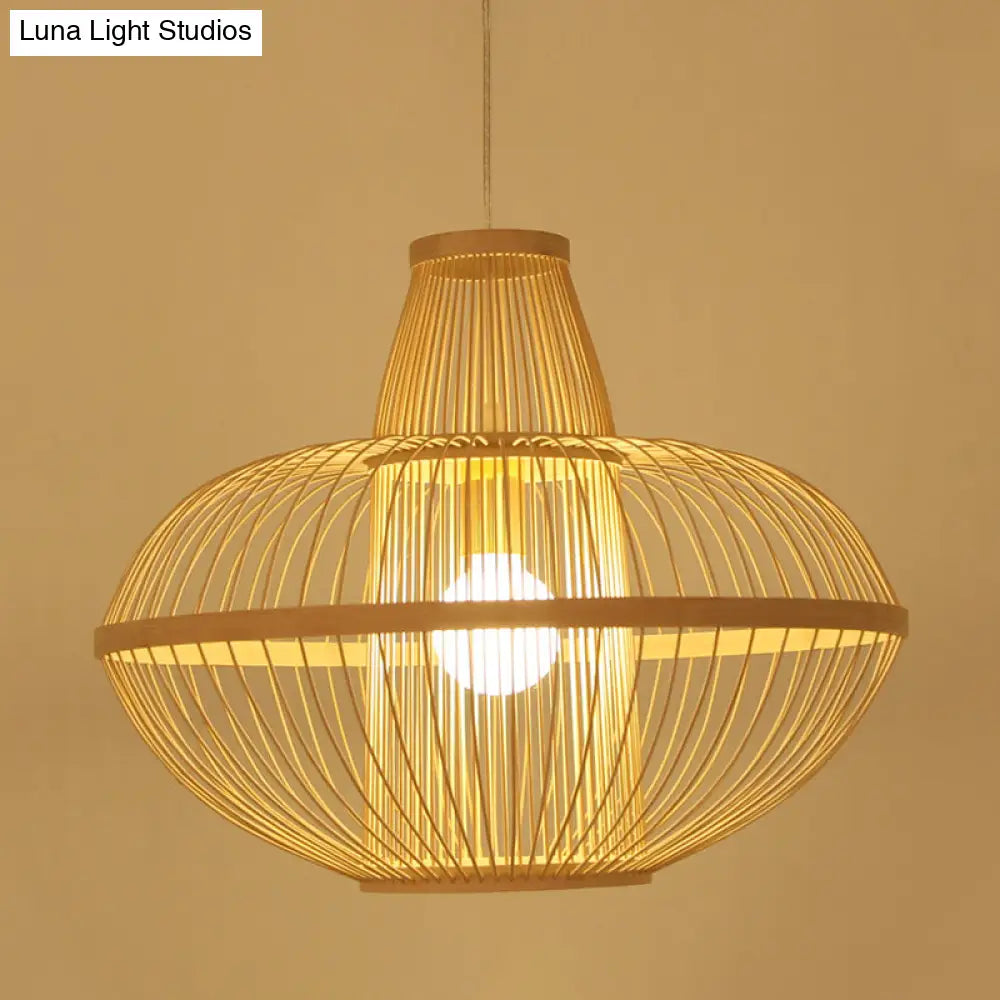 Restaurant Pendant Lamp With Bamboo Shade - Asia Wood Hanging Ceiling Light