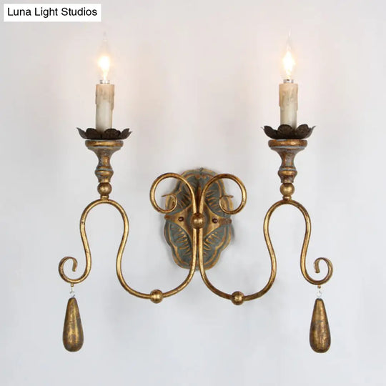 Retro 2-Head Metal Wall Sconce With Swirled Gold Arm - Corridor Lighting
