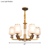 Retro 6/8-Bulb Frosted Glass Cylinder Pendant Light With Landscape Print- Ideal For Living Rooms