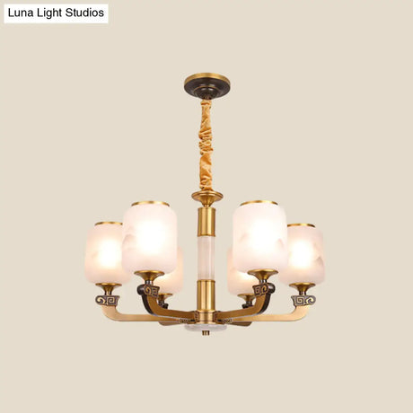Retro 6/8-Bulb Frosted Glass Cylinder Pendant Light With Landscape Print- Ideal For Living Rooms