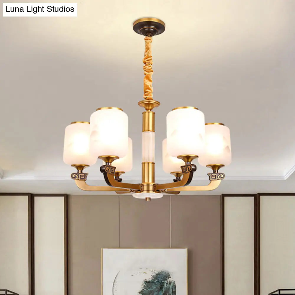 Retro 6/8-Bulb Frosted Glass Cylinder Pendant Light With Landscape Print- Ideal For Living Rooms