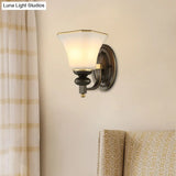 Retro Bell Wall Lamp - 1 Light Frosted Glass Sconce With Metal Curved Arm In Black For Porch