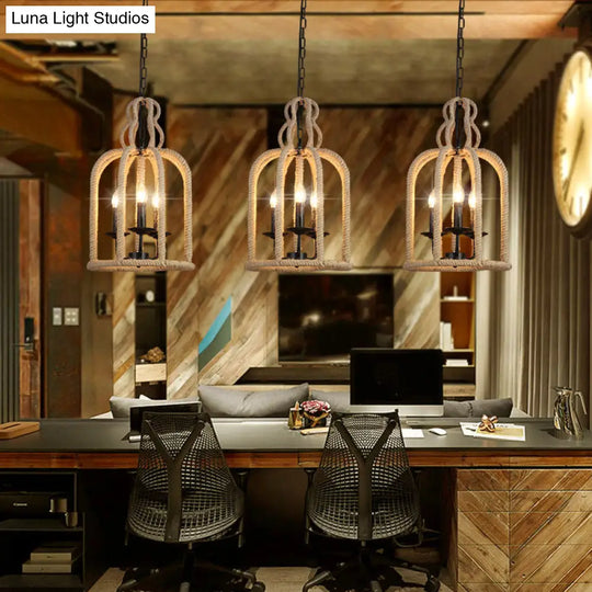 Retro Birdcage Pendant Light: 3 Heads Hanging Lamp In Brown For Dining Room