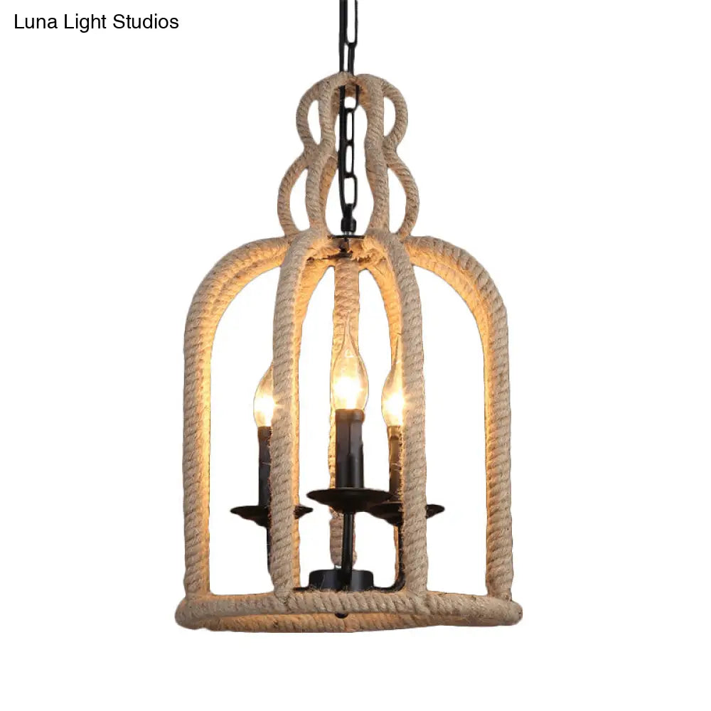 Retro Birdcage Pendant Light: 3 Heads Hanging Lamp In Brown For Dining Room