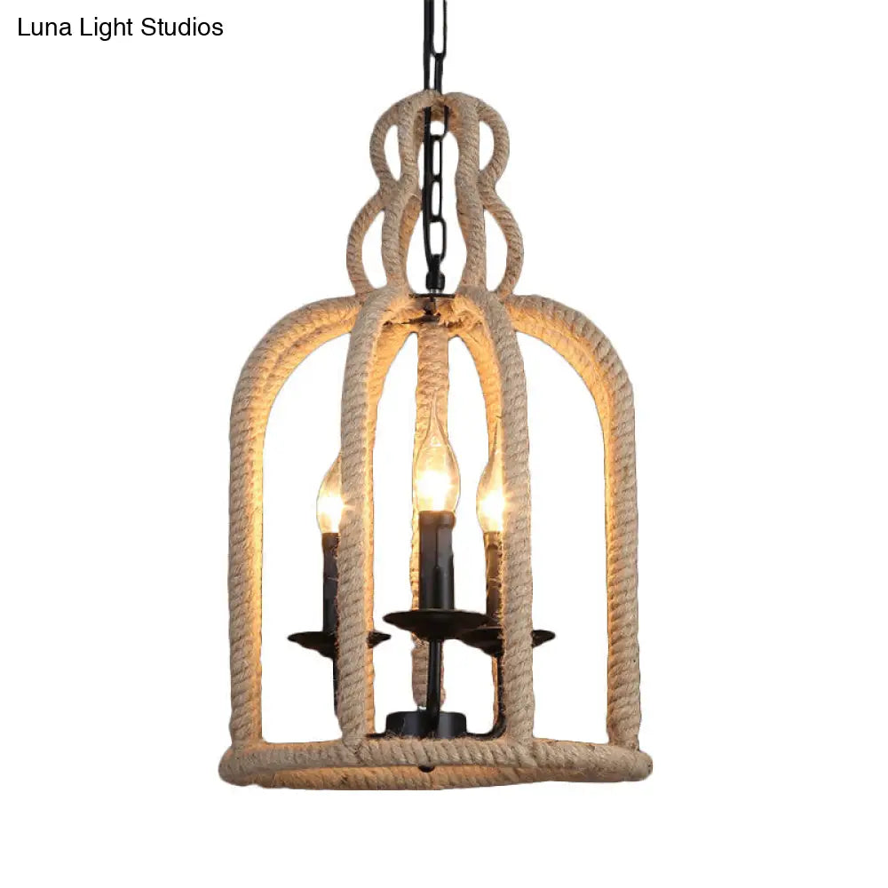 3-Head Retro Birdcage Rope Pendant Light In Brown - Dining Room Lamp Fixture