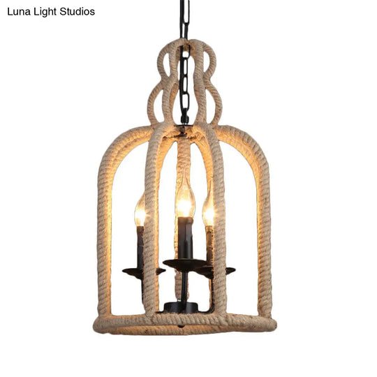 3-Head Retro Birdcage Rope Pendant Light In Brown - Dining Room Lamp Fixture