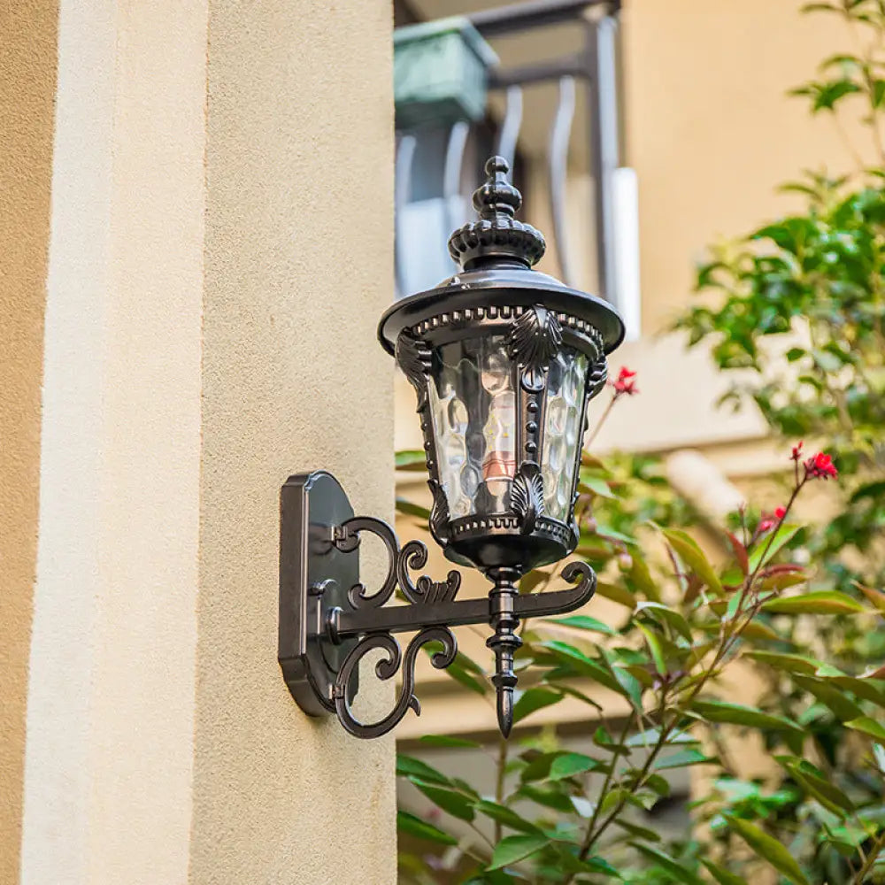 Retro Black/Brass Tapered Sconce Light With Dimpled Glass - Wall Mounted Patio Lamp (1 Head