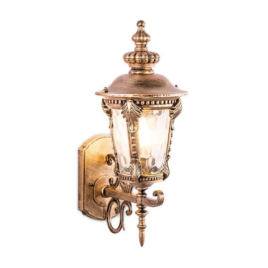 Retro Black/Brass Tapered Sconce Light With Dimpled Glass - Wall Mounted Patio Lamp (1 Head