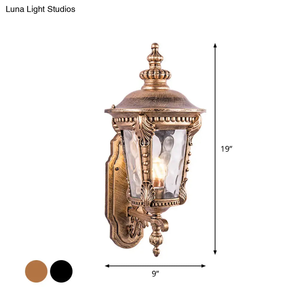 Retro Black/Brass Tapered Sconce Light With Dimpled Glass - Wall Mounted Patio Lamp (1 Head