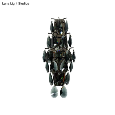 Retro Black Crystal Gem Wall Sconce With 2-Bulb Fixture For Living Room Lighting