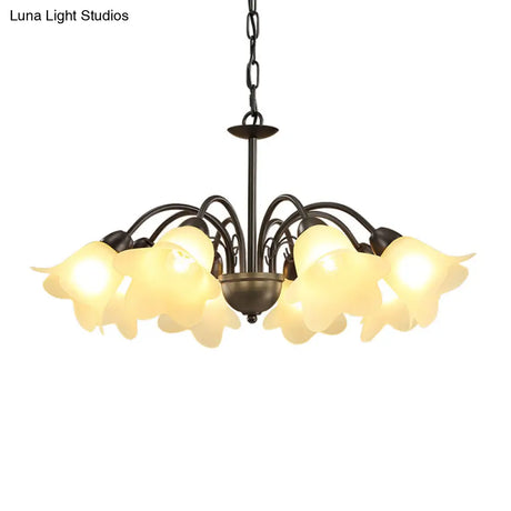 Retro Black Finish Chandelier With Floral Shape Glass Shade - Perfect For Dining Room 3/5/6 Bulb