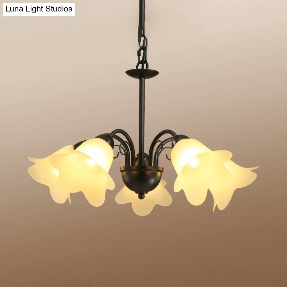 Retro Black Finish Chandelier With Floral Shape Glass Shade - Perfect For Dining Room 3/5/6 Bulb