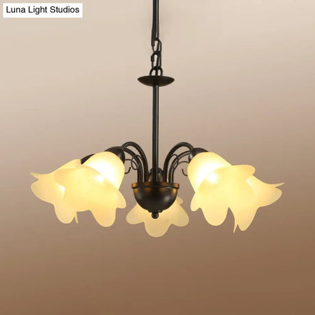 Retro Black Finish Chandelier With Floral Shape Glass Shade - Perfect For Dining Room 3/5/6 Bulb
