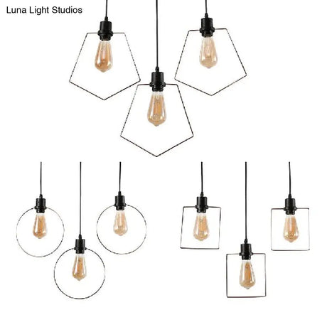 Retro Black Finish Hanging Lamp With 3 Stylish Iron Heads - Ceiling Pendant Fixture For Coffee Shop