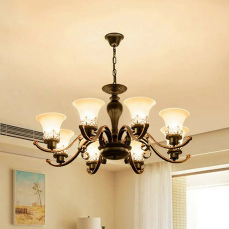 Retro Black Glass Flare Chandelier - Cream Pendant Light For Living Room 8 /