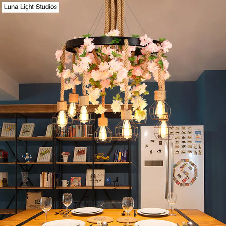 Retro Black Hemp Rope Orb Chandelier With 4/8 Lights And Flower Decoration