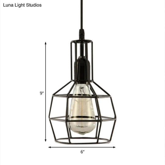 Retro Black Metal Prism Cage Pendant Ceiling Light Stylish Hanging Fixture For Living Room