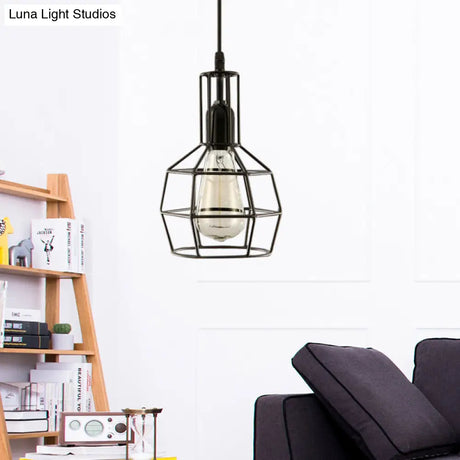 Retro Black Metal 1-Light Prism Cage Pendant Ceiling Light – Ideal For Living Room