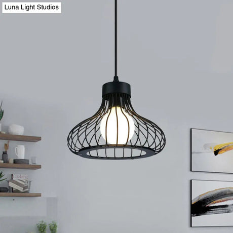 Retro Black Metal Pendant Light With Wire Cage: Ideal Kitchen Lighting