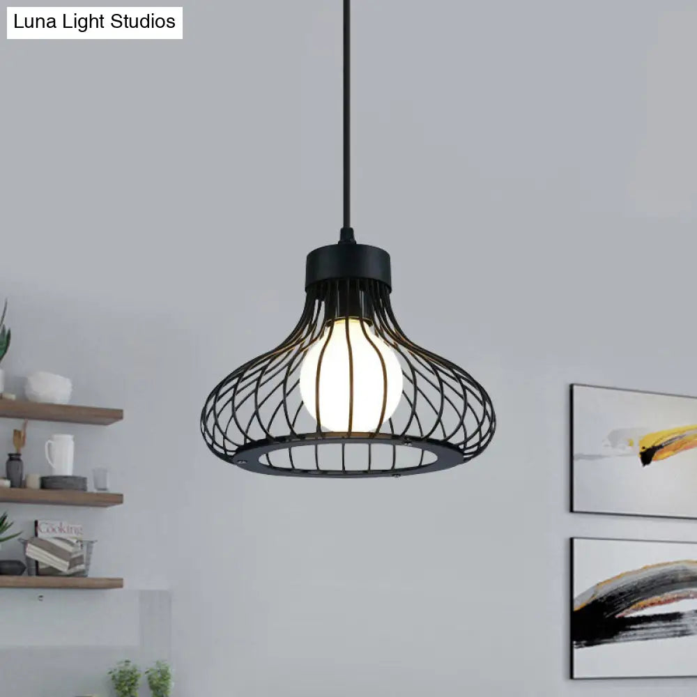 Retro Black Metal Pendant Light With Wire Cage - Perfect For Kitchen