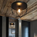 Retro Black Metallic Flush Mount Ceiling Light With Wire Cage And Clear Crystal Ball - 1/4/5 Heads