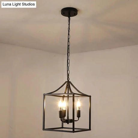 Retro Black Pendant Light: Square Cage Chandelier With 3 Lights Metal Lamp For Dining Room