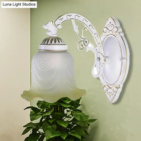 Retro Black/White Scalloped Sconce: Frosted Glass Shade Curved Arm Wall Lamp For Dining Room