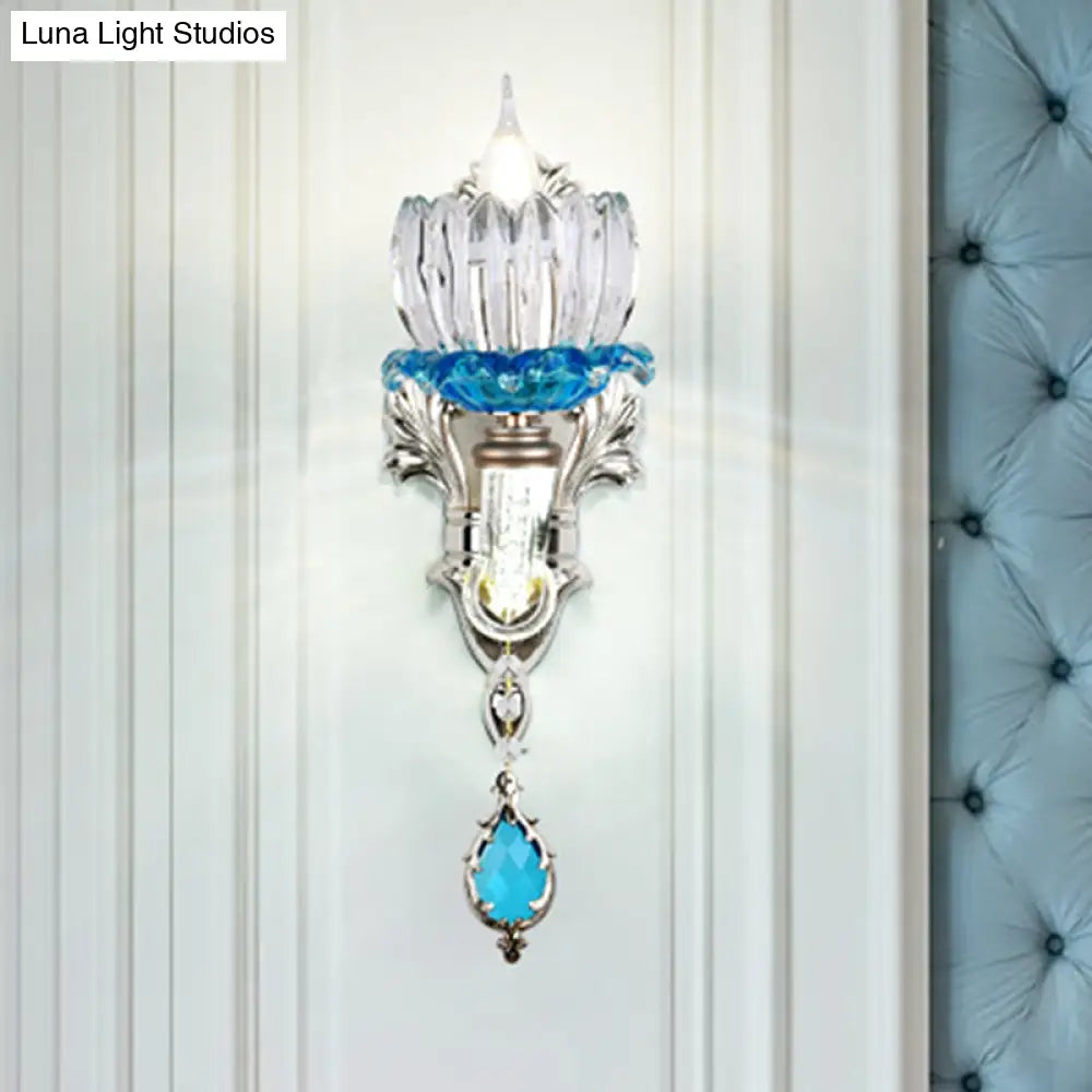 Retro Blue/Clear Glass Lotus Wall Light Fixture - 1/2 Head Sconce For Dining Room
