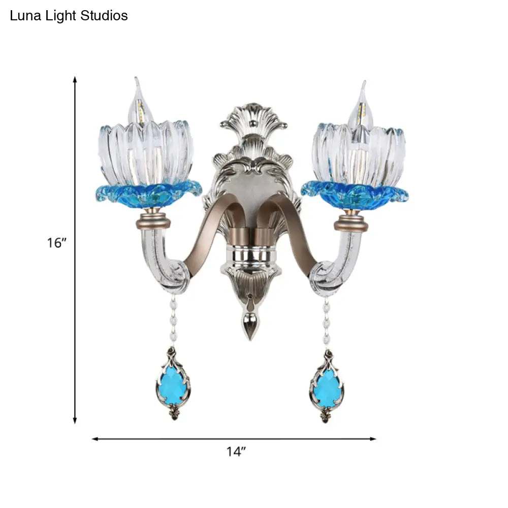 Retro Blue/Clear Glass Lotus Wall Light Fixture - 1/2 Head Sconce For Dining Room