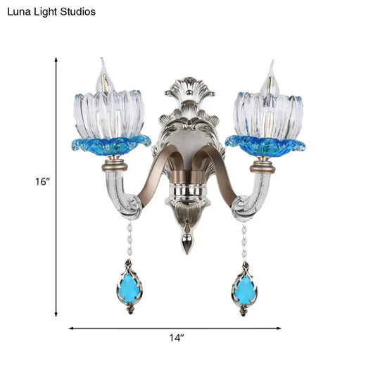 Retro Blue/Clear Glass Lotus Wall Light Fixture - 1/2 Head Sconce For Dining Room