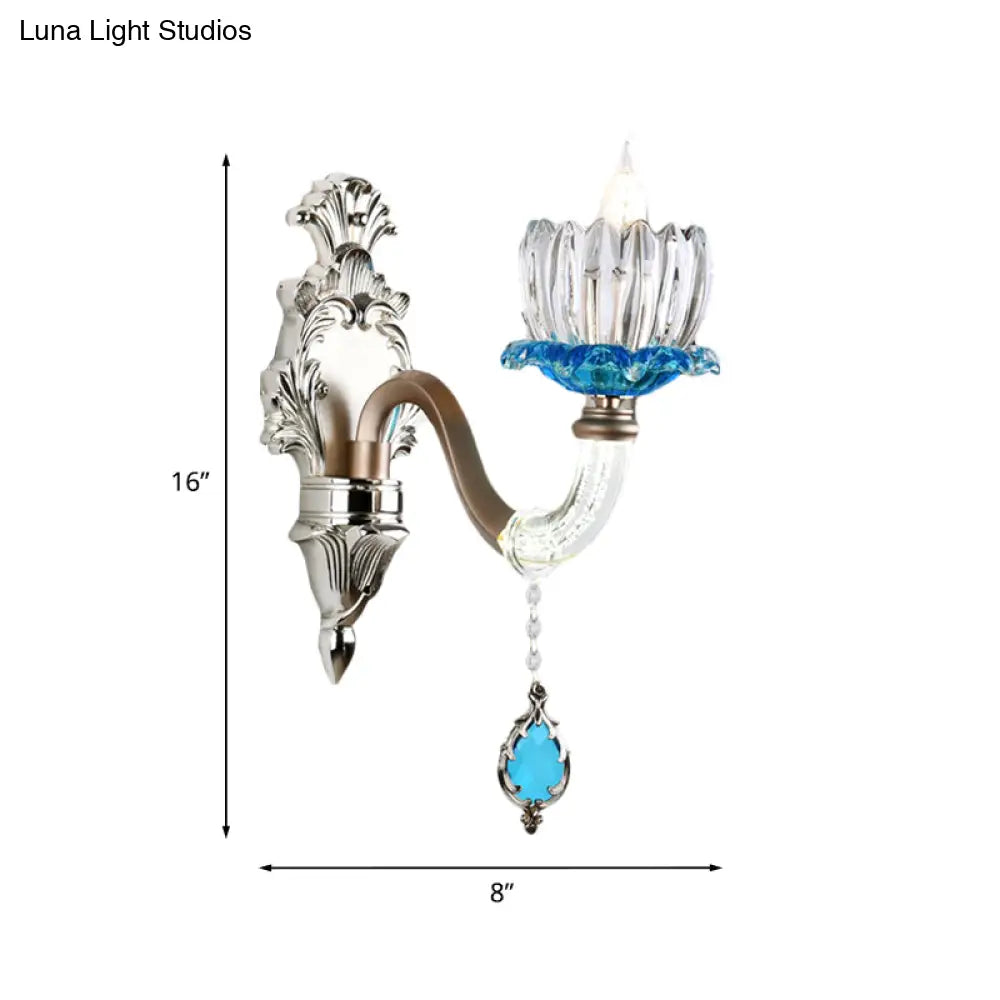 Retro Blue/Clear Glass Lotus Wall Light Fixture - 1/2 Head Sconce For Dining Room