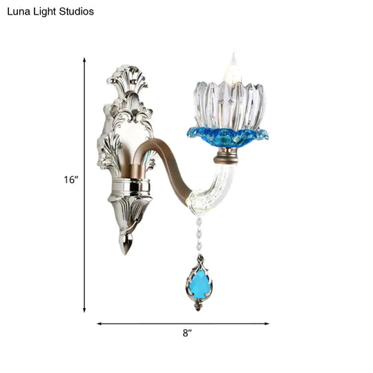 Retro Blue/Clear Glass Lotus Wall Light Fixture - 1/2 Head Sconce For Dining Room