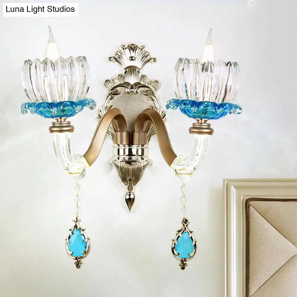 Retro Blue/Clear Glass Lotus Wall Light Fixture - 1/2 Head Sconce For Dining Room
