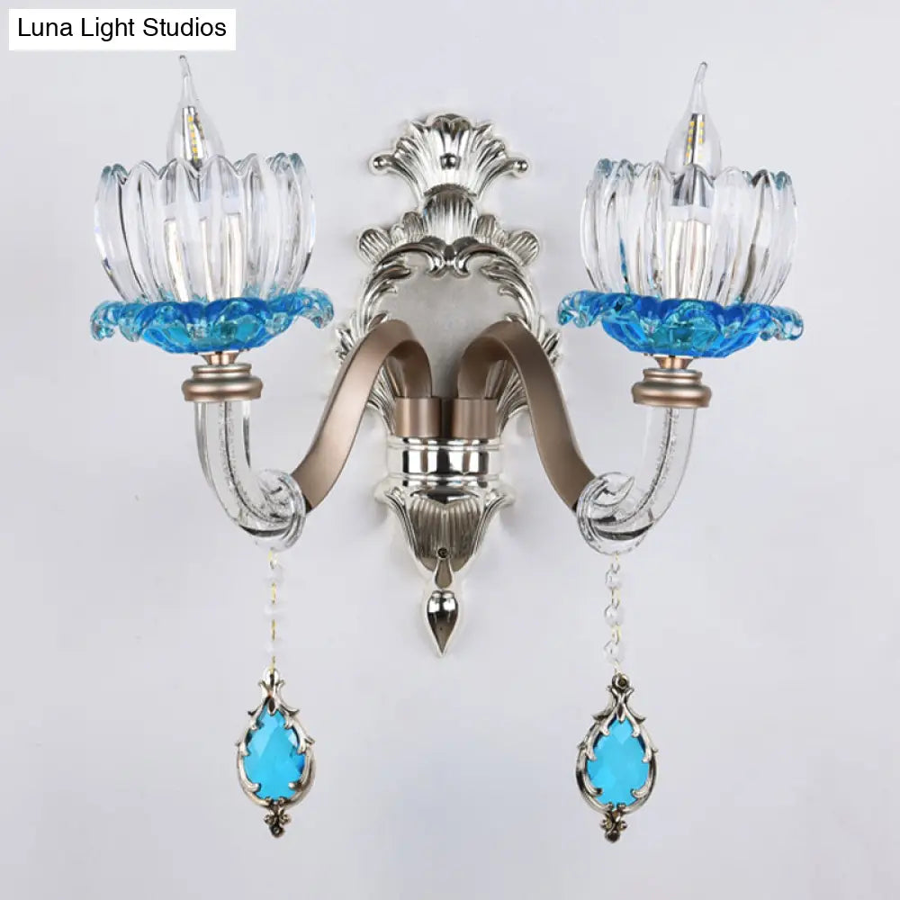 Retro Blue/Clear Glass Lotus Wall Light Fixture - 1/2 Head Sconce For Dining Room