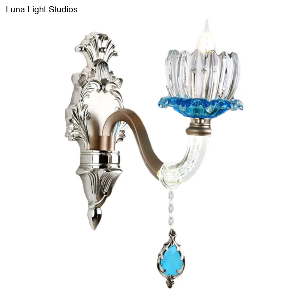 Retro Blue/Clear Glass Lotus Wall Light Fixture - 1/2 Head Sconce For Dining Room