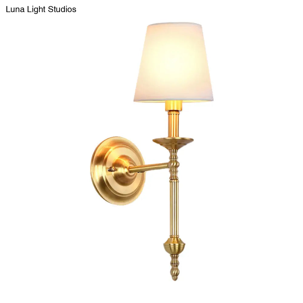 Retro Brass Cone Wall Sconce With White Fabric Shade - Ideal For Dining Room Lighting