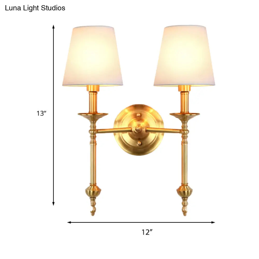 Retro Brass Cone Wall Sconce With White Fabric Shade - Ideal For Dining Room Lighting