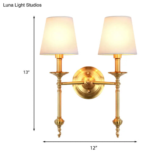 Retro Brass Cone Wall Sconce With White Fabric Shade - Ideal For Dining Room Lighting
