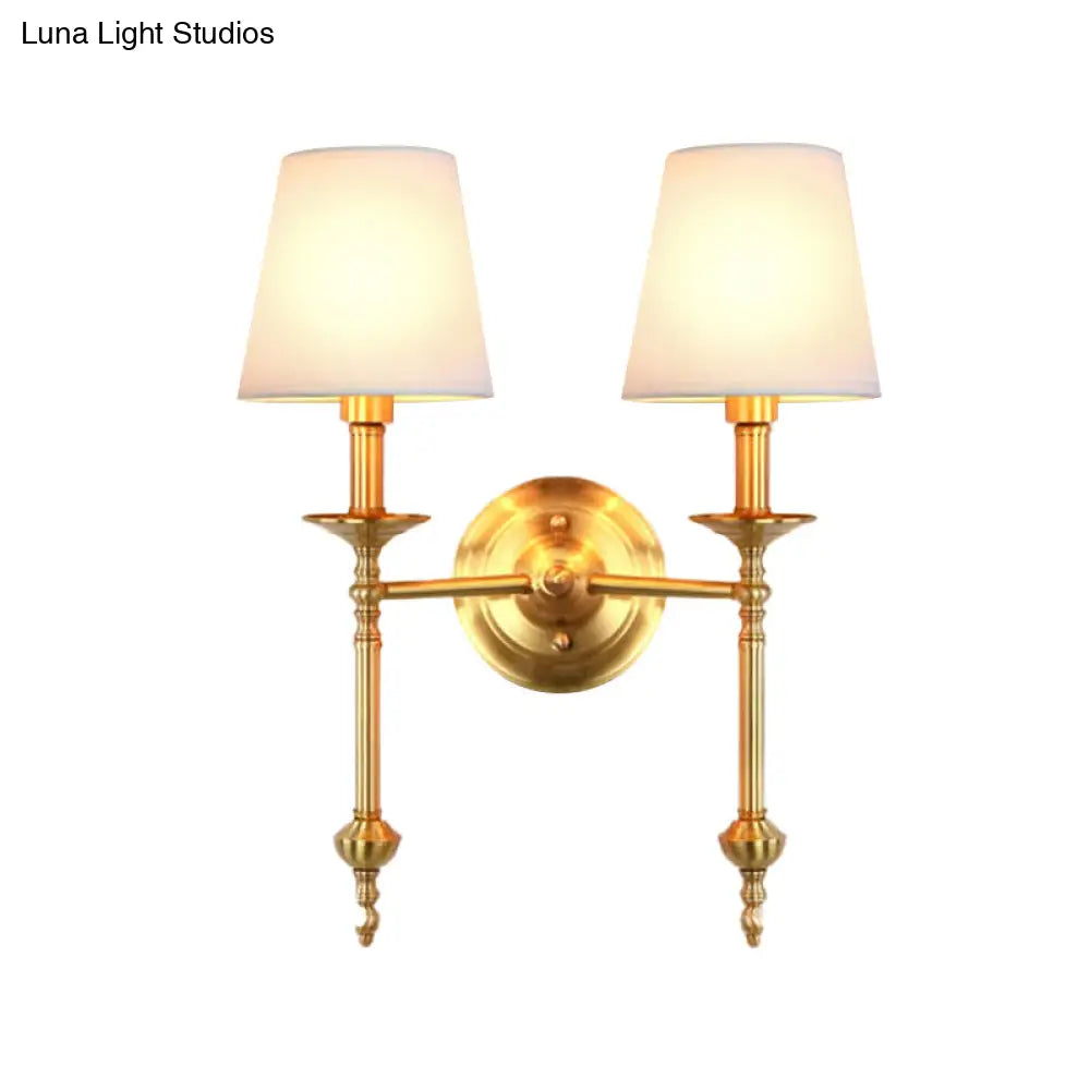 Retro Brass Cone Wall Sconce With White Fabric Shade - Ideal For Dining Room Lighting