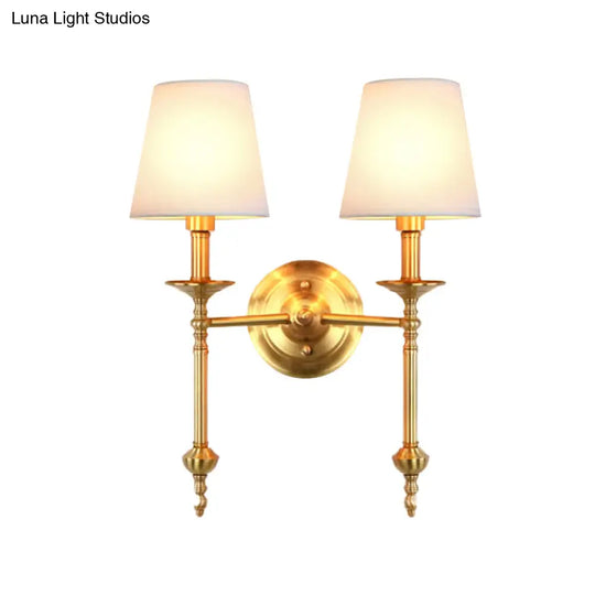 Retro Brass Cone Wall Sconce With White Fabric Shade - Ideal For Dining Room Lighting