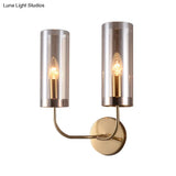 Retro Brass Sconce Wall Mount Lamp With Cylindrical Glass Shade 1/2 Light Fixture For Living Room