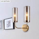 Retro Brass Sconce Wall Mount Lamp With Cylindrical Glass Shade 1/2 Light Fixture For Living Room