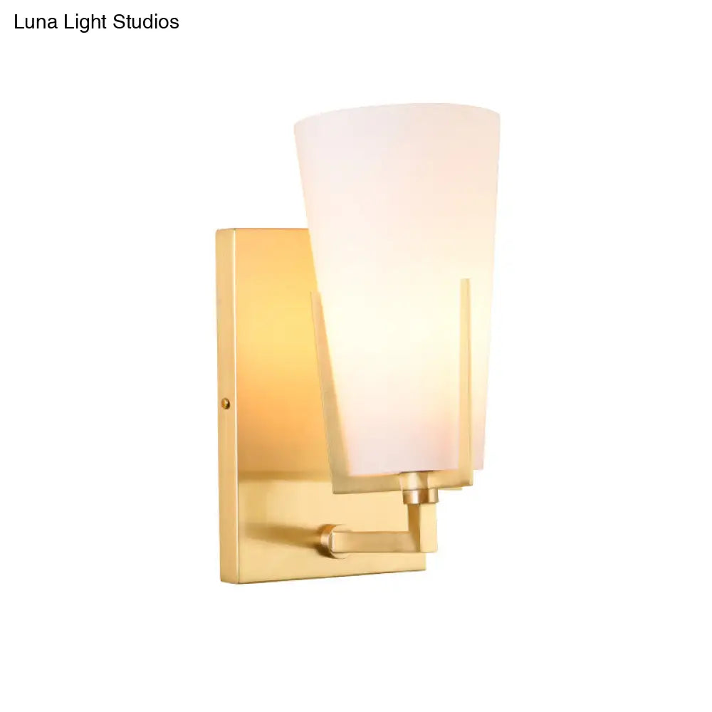 Retro Brass Wall Lamp With Frosted Glass Conical Sconce Light For Bedroom