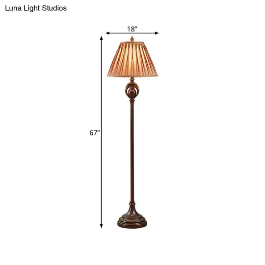 Retro Brown Pleated Tapered Fabric Floor Lamp For Living Room Reading - 1-Bulb Light