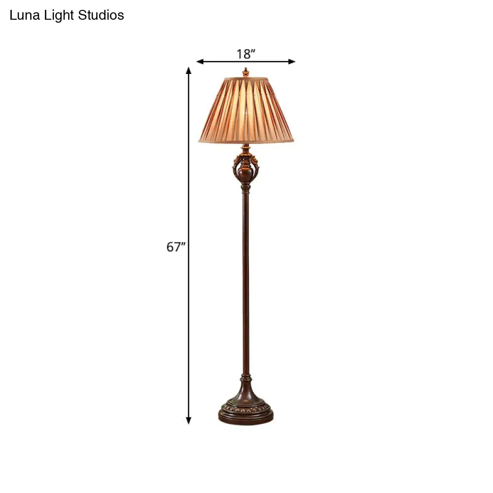 Retro Brown Pleated Tapered Fabric Floor Lamp For Living Room Reading - 1-Bulb Light