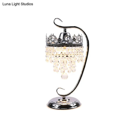 Retro Chrome Scroll Led Table Lamp With Crystal Drape - Metal Bedside Light